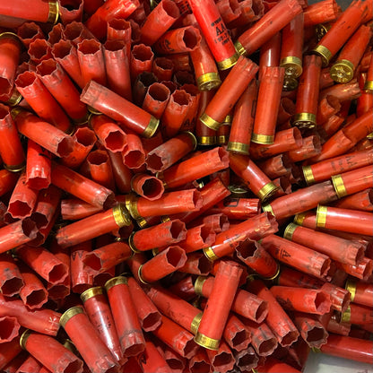 Scattered red spent casings lying flat, showing Winchester AA brand printing and gold brass rims.