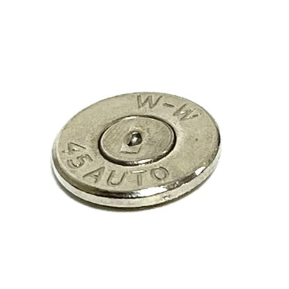 A thin cut bullet slice at an angle, displaying the W-W 45 AUTO headstamp on a white background.