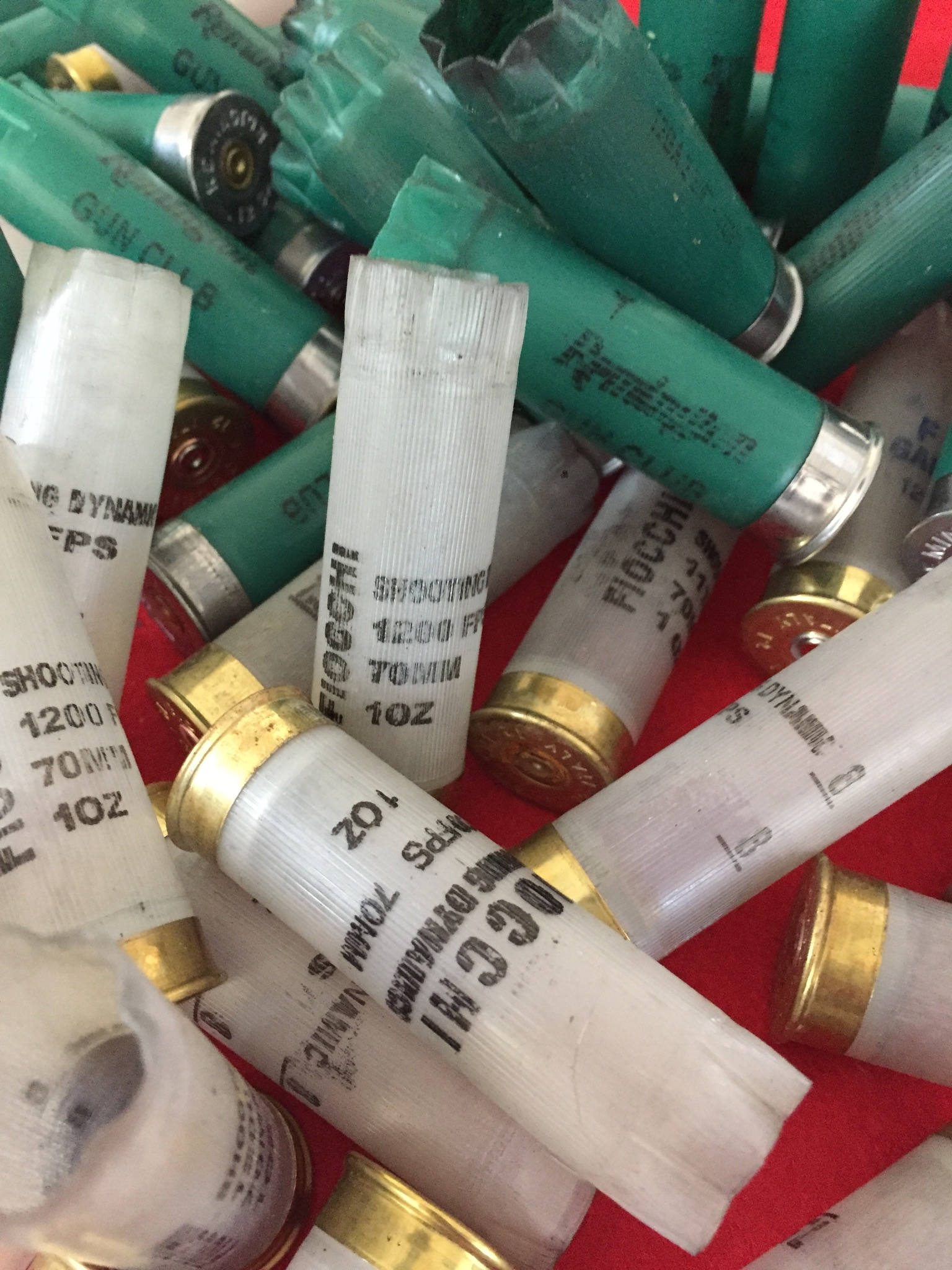 Translucent Fiocchi 12 gauge shotgun shell hulls printed "Shooting Dynamics 70mm 1oz," with green hulls behind
