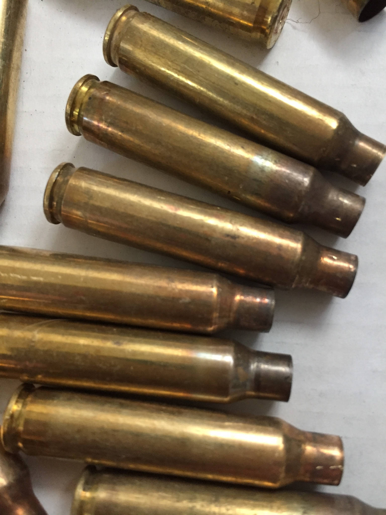 Pile of 8 dirty, uncleaned .223 and 5.56 brass casings on a white surface, showing tarnished bodies and mixed headstamps.