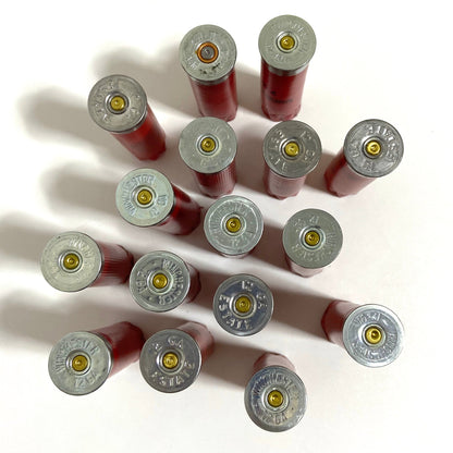 Direct overhead view of eleven standing red 12 gauge shotgun hulls showing silver metal headstamps and spent primers.