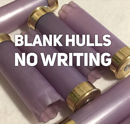 Violet plastic 12 gauge shotgun shells with gold brass heads, text reading BLANK HULLS NO WRITING