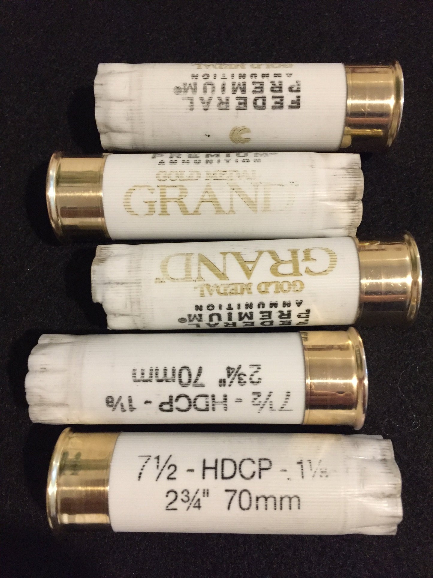 Five white empty shotgun shells with gold brass bottoms arranged horizontally on a black background.