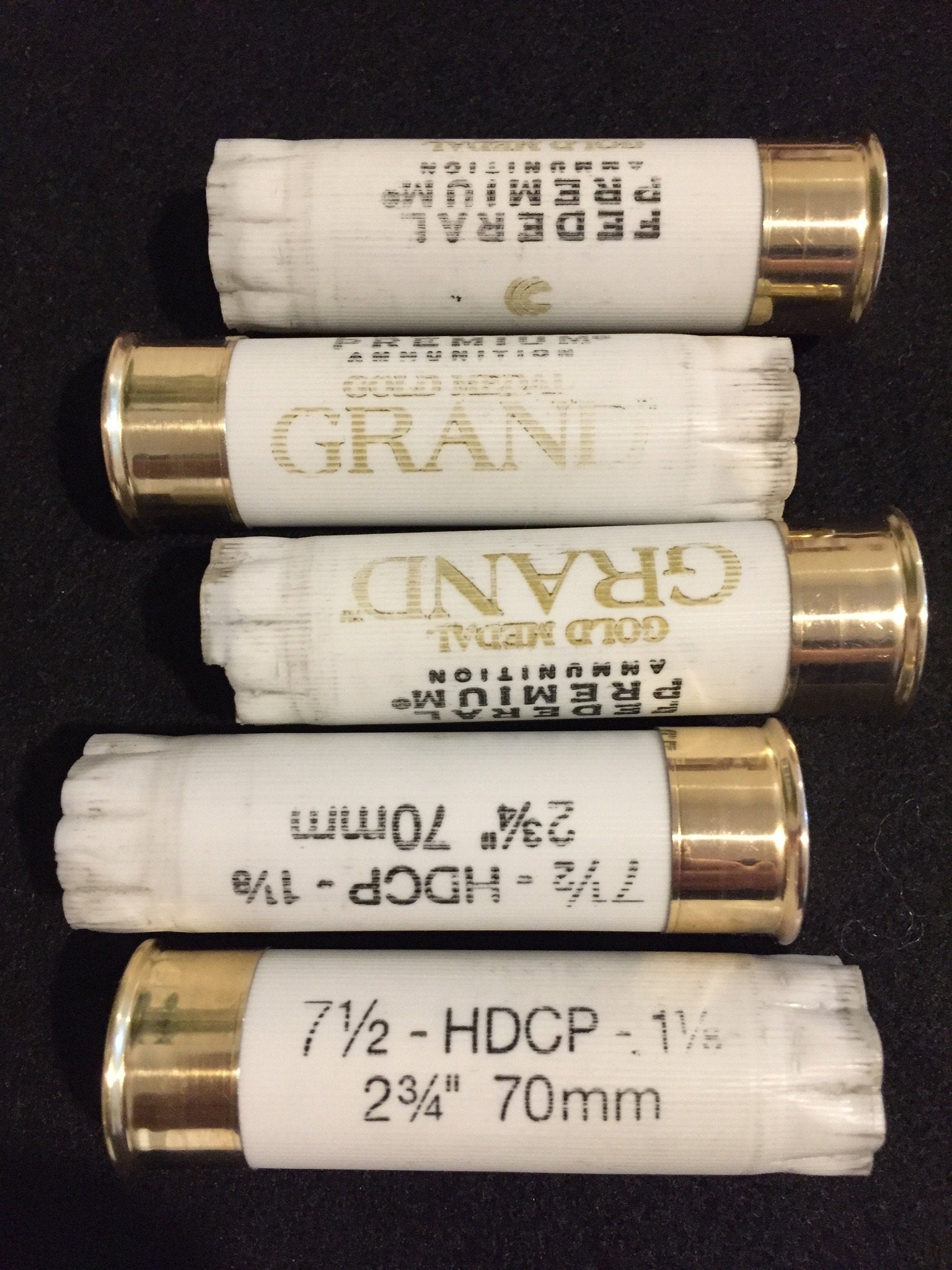 Five white empty shotgun shells with gold brass bottoms arranged horizontally on a black background.