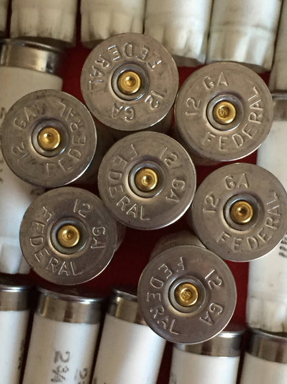 Closeup of seven “12 GA Federal” shotgun shell bases with brass primers, viewed from above