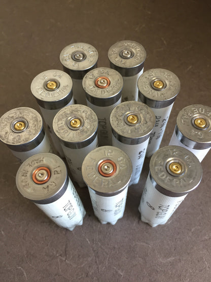 Eleven white Federal Top Gun 12 gauge shotgun shells standing upright showing silver headstamps