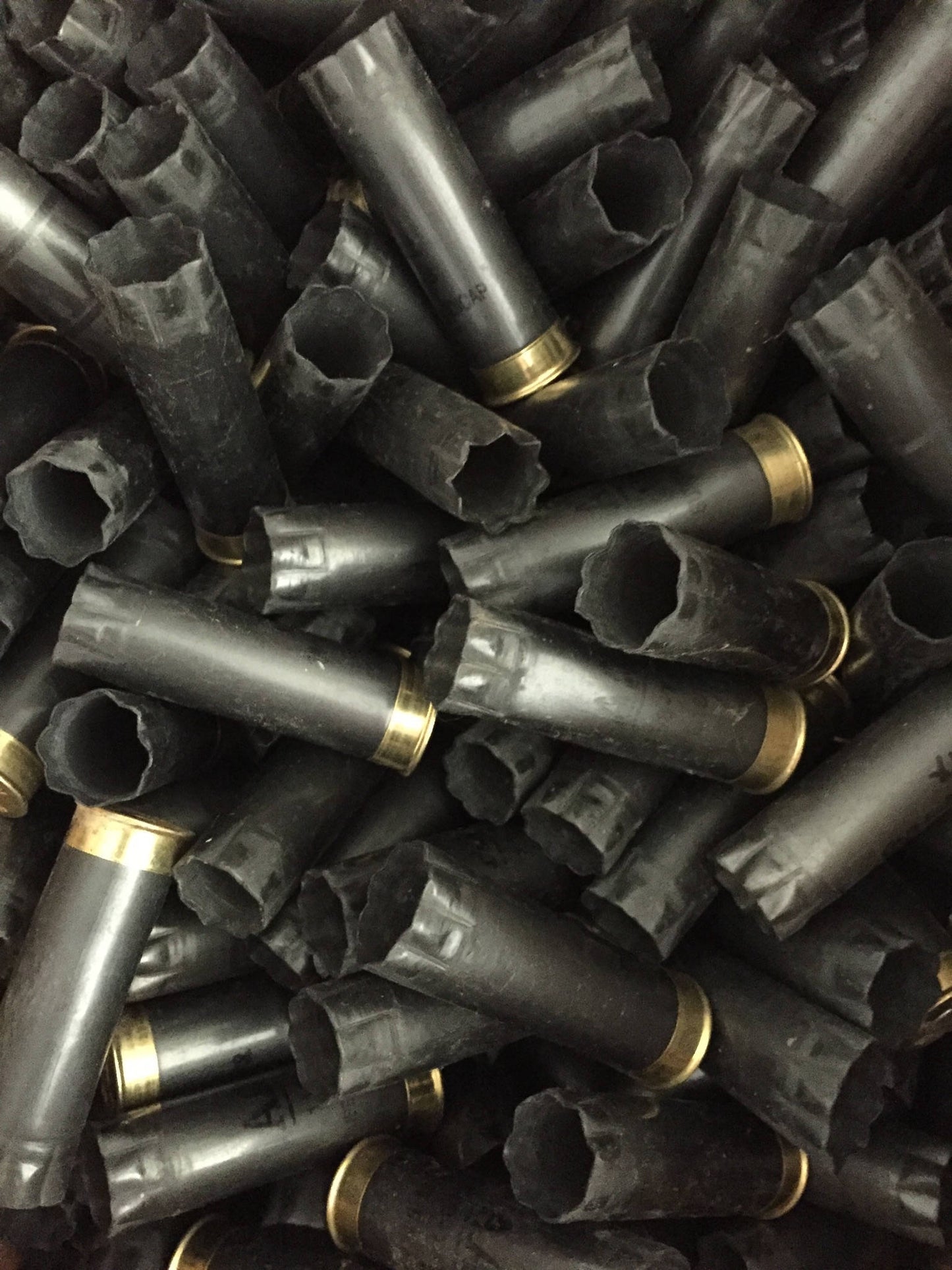 Close up overhead view of a heap of spent gray Winchester AA 12 gauge shotgun shells.