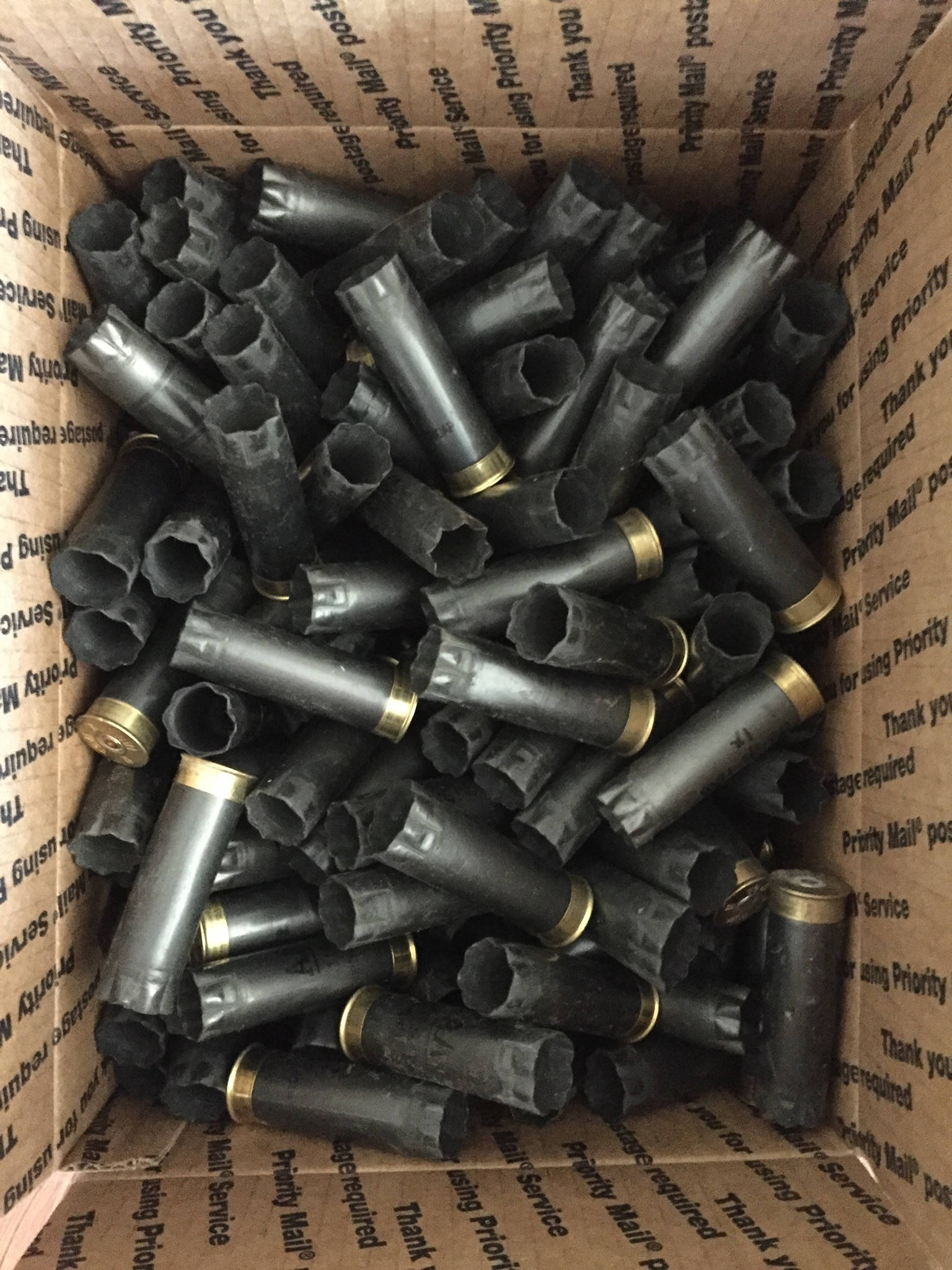 Bulk spent gray Winchester AA 12 gauge shotgun shells packed inside a USPS Priority Mail cardboard shipping box.