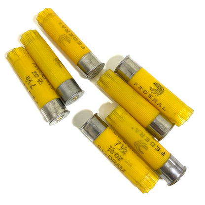 Six spent yellow 20 gauge Federal shotgun shells lying flat on a white background showing silver bases.