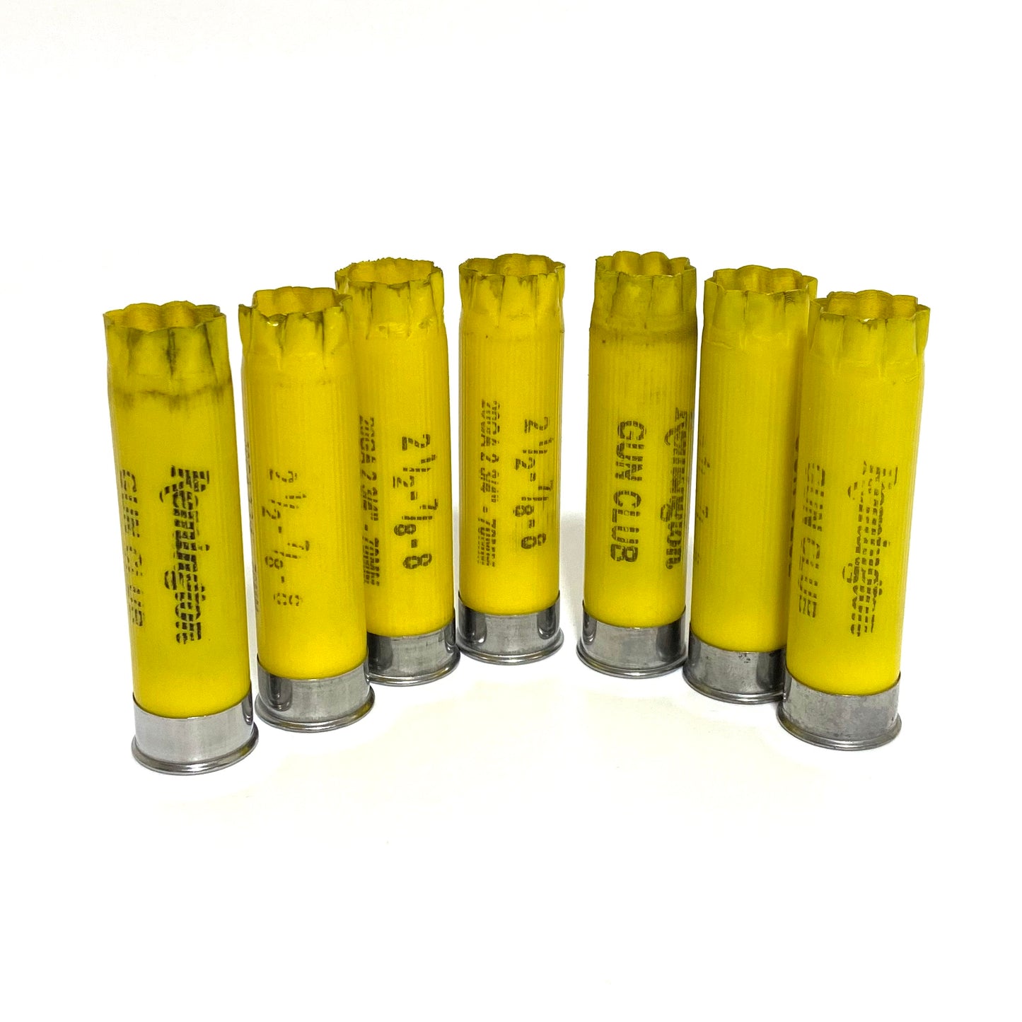 7 empty yellow Remington Gun Club hulls standing upright, showing headstamp markings