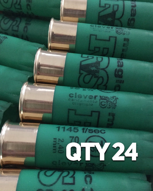 Green shotgun shells with silver bases showing "clever" and "magic" printed text, with "QTY 24" text overlay